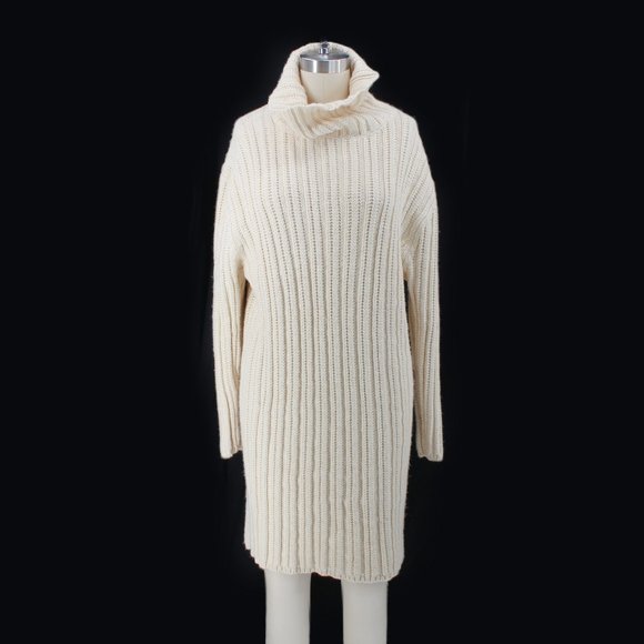 Unbranded Dresses & Skirts - Fisherman's Sweater Dress Cream Hemp/Wool Knee Long Sleeve Funnel Turtleneck